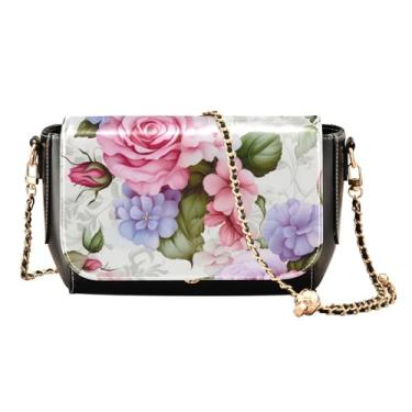 Imagem de Bolsa tiracolo ajustável com borboleta azul na folha de música, bolsas transversais de couro para mulheres modernas, Aquarela de flor rosa - 3, One Size