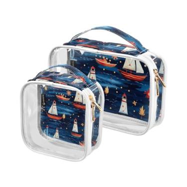 Imagem de GAIGEO Sea Life with Sailboats Conjunto de bolsas de maquiagem transparentes, bolsas de viagem para cosméticos, bolsa de higiene pessoal para mulheres, pacote com 2, Vida marinha com veleiros - 12