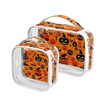 Imagem de GAIGEO Símbolos de Halloween em conjunto de sacolas de higiene pessoal transparente laranja, bolsa de maquiagem de higiene pessoal, bolsas de acessórios de viagem, pacote com 2, Símbolos de Halloween