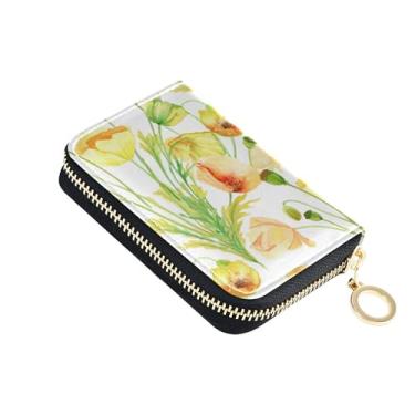 Imagem de Carteira feminina amarela floral com flores em aquarela, porta-cartões, bloqueio de RFID, zíper e porta-moedas com chaveiro
