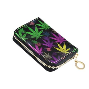 Imagem de Carteiras de couro femininas com bloqueio de RFID, carteira masculina com bolso para moedas, folhas coloridas verdes