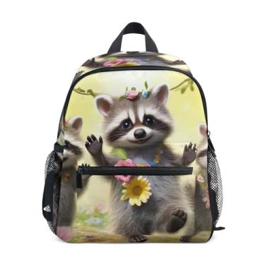 Imagem de GAIGEO Cute Raccoons Floral Mini Toddler Backpack with Whistle, Adjustable Chest Strap, Kids School Backpack for Girls Lightweight & Compact for Ages 3-8