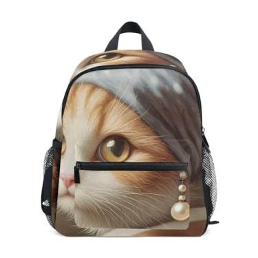 Imagem de GAIGEO Cute Cat with Pearl Earring Children's Backpack Toddler Backpack for Boys with Front Pocket, Safety Whistle for Ages 3-8