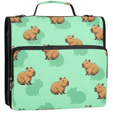 Imagem de Organizador de fichários com zíper, capivara, verde menta, 3 anéis, 3 anéis, fichários coloridos com alça, bolsa de ensino médio, suporte para 500 folhas, 34,5 x 31,5 x 9 cm