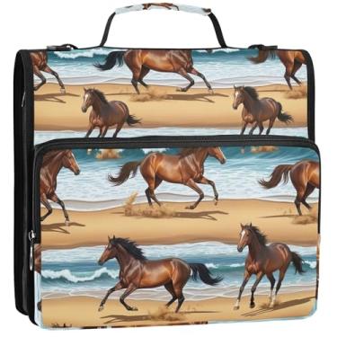 Imagem de Organizador de fichários Brown Horses Running de 3 cm com zíper resistente com alça para o ensino médio com alça para guardar 500 folhas, 34,5 x 31,5 x 9 cm