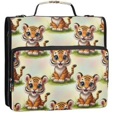 Imagem de Fichários de desenho animado de 3 cm 3 anéis resistentes com estampa de tigres fofos, organizador de fichário, pasta de armazenamento com alça, bolsa escolar com alça de ombro, 34,5 x 31,5 x 9 cm