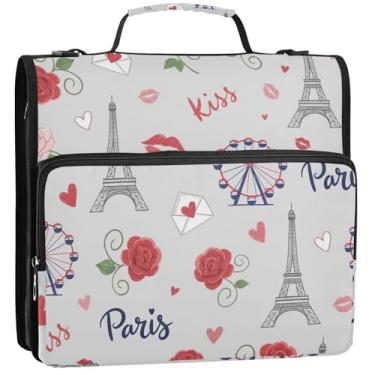 Imagem de Lindo fichário de 3 anéis de 3 anéis Paris Roses rosa organizador de fichário com vários bolsos pasta grande pasta escolar bolsa com alça de ombro, 34,5 x 31,5 x 9 cm