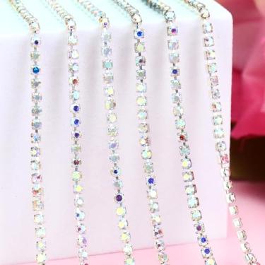 Imagem de Acabamento de corrente de strass de cristal de 2 mm para artesanato de costura, SS6 corrente de strass de garra para bricolage, joias, decoração de buquê de festa de casamento (5 metros, prata AB)
