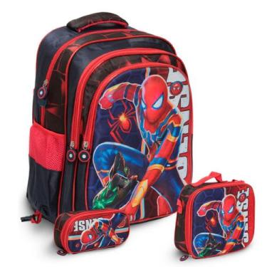 Imagem de Kit Mochila Infantil Masculina Homem Aranha Costas Reforçada - Plike, 