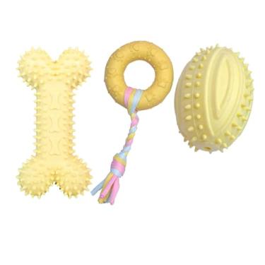 Imagem de Brinquedo Dental Mordedor Puxador para Cachorros Cães Pequenos Porte Pet Anti-Stress Resistente Osso Donut Rugby (Amarelo KIT)