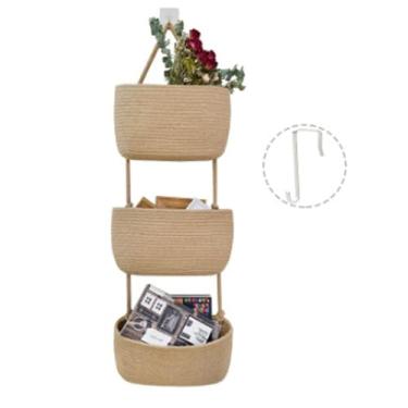 Imagem de Cesto de Armazenamento Corda Algodão Tecido em 3 Camadas para Porta Organizador Decorativo Suspenso na Parede Residencial Cestos Organização Multifunc