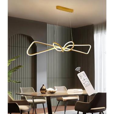 Imagem de Luminária pendente LED moderna, dimerizável, para restaurantes, com altura ajustável, iluminação interna de 3000K a 6000K, cor dourada, com controle remoto, para áreas de 10 a 15 m² (dourada