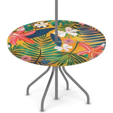 Imagem de Toalha de mesa redonda de plantas tropicais com furo de guarda-chuva para uso ao ar livre com zíper toalha de mesa elástica redonda toalha de mesa guarda-chuva impermeável 114 cm - 142 cm toalha de