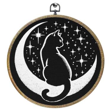 Imagem de Gatos pretos com lua emoldurada decoração de parede em tela arte de parede arte pendurada arte 0550