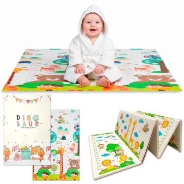 Imagem de Tapete Infantil Dupla Face para Atividades Estocasa | Tatame Macio XPE 8mm | Tapete Educativo Antiderrapante para Bebê | Dobrável e Portátil (Dinossauro e Animais)