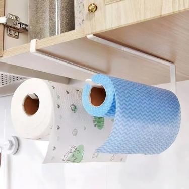 Imagem de Suporte e organizador de toalha de papel sob armário sem perfuração para suporte adesivo resistente para cozinha e banheiro, suporte de pendurar design de metal que economiza espaço (branco)
