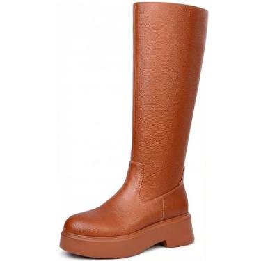 Imagem de BeeLg Botas de cano alto plataforma para mulheres, bico redondo, salto grosso, bota longa, Marrom, 40