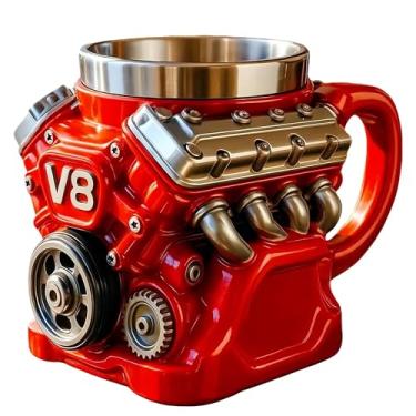 Imagem de GianiaChi Caneca de café com motor V8 2026 - design retrô com isolamento de parede dupla de aço inoxidável | Presente para entusiastas de carros, mecânicos, pai | Dia dos Pais (vermelho)
