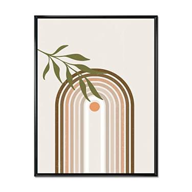 Imagem de DesignQ Sol abstrato e lua com folha verde I - Impressão de arte de parede em tela emoldurada moderna