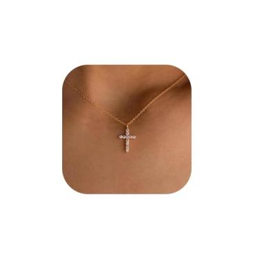 Imagem de Behrooci Colar com cruz para mulheres, banhado a ouro real 14K, prata, cruz, gargantilha datiny, pequenos e fofos colares laterais CZ em camadas, fé, colar com pingente de fé, joia religiosa moderna,