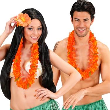 Imagem de Colar Havaiano de Luxo Muito Cheio Flores Monocromatica Unissex 50 cm para Luau Carnaval Festa Havai (Laranja)