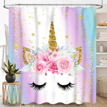 Imagem de TKUYO Cortina de chuveiro de unicórnio, ombré, arco-íris, rosa, dourado, princesa, unicórnio, colorido, impermeável, para crianças, meninas, conjunto de cortina de chuveiro com ganchos, 183 cm x 183