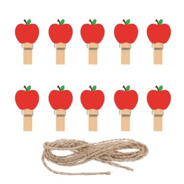 Imagem de JarThenaAMCS 50 peças de clipe de madeira de volta às aulas com barbante de juta prendedor de roupa de maçã clipe de artesanato decorativo para fotos para o primeiro dia de escola chá de bebê imagem
