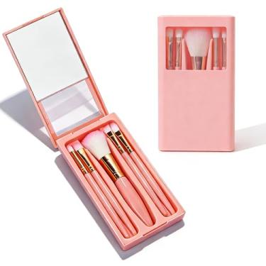 Imagem de Conjunto de 5 pincéis de maquiagem para viagem, kit de pincéis de maquiagem portátil com estojo espelhado e tampa transparente para mulheres em movimento, rosa