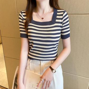 Imagem de Camiseta Casual De Verão Feminina Com Mangas Curtas Listradas, Pulôver