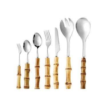 Imagem de Bamboo 410 Aço Inoxidável Ocidental com Cabos de Bambu Natural - Forma Única Polido Espejo Junções Firmes 7 Peças