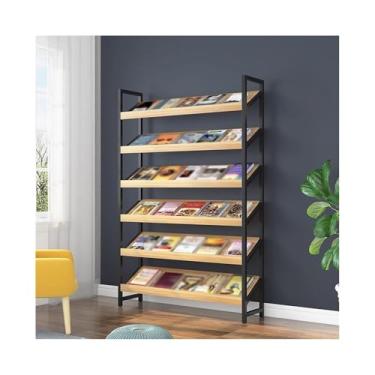 Imagem de Rack de revistas de design moderno simples rack de armazenamento de madeira estantes inclinadas para exibição do chão ao teto escritório de publicidade (preto + nogueira clara)