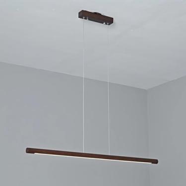 Imagem de Luminária pendente de madeira com LED, estilo linear, para ilha de cozinha, sala de jantar, com intensidade regulável e controle remoto, ideal para mesa de jantar, cozinha, escritório, bar o