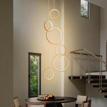 Imagem de Luminária pendente moderna de LED em formato de anel para escada, com controle remoto, em alumínio, com altura ajustável, ideal para sala de estar, quarto, sala de jantar e cozinha (dourada,