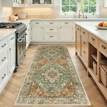 Imagem de RELEANY Tapetes de área 9,5 x 1,8 m lavável, antiderrapante, floral, vintage, estampa de angústia, tapete medalhão para sala de estar, quarto, sala de jantar, vermelho tijolo, ferrugem, neutro, marrom