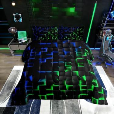 Imagem de Erosebridal Jogo de cama solteiro geométrico quadriculado azul neon verde para decoração de quarto de jogadores, geométrico, quadriculado, geométrico, edredom preto