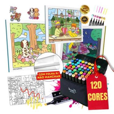 Imagem de Kit Livro de Colorir 120 Cores Canetinha Touch Ponta Dupla Marcador, R