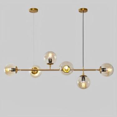 Imagem de Lustre linear moderno com 6 lâmpadas em formato de globo de vidro, estilo meados do século XX, luminária pendente retangular para ilha de cozinha, sala de jantar, restaurante e sala de estar