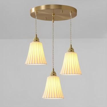 Imagem de Lustre de 3 lâmpadas E27, luminárias pendentes de cobre com cerâmica branca, lustre triplo para sala de jantar, quarto, escritório, cozinha e ilha.