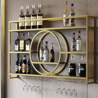 Imagem de Rack de vinho moderno de metal montado na parede - suporte multifuncional de garrafa de vinho de ferro e armazenamento de vidro invertido para casa, restaurante e bar - exibição de armário de vinho