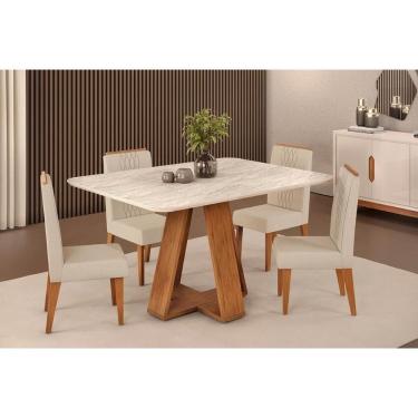 Imagem de Conjunto: Mesa Sala Jantar Celeste c/ Tampo Madeirado c/ Vidro Curvo 120x90cm e 4 Cadeiras Lia Freijo/Off White - Linho Neve - DJ Móveis