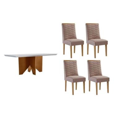 Imagem de Mesa Cozinha Nevada c/ Tampo Madeirado c/ Vidro Canto Curvo 120x80cm e 4 Cadeiras Maldivas Madeira Maciça Naturale/Off White - Capuccino/Linho Capucci