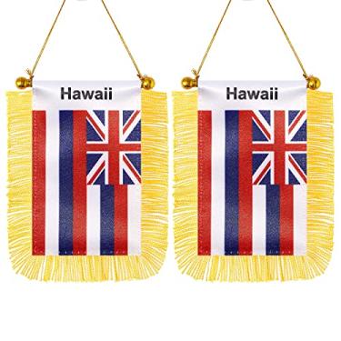 Imagem de CANTENDO Pacote com 2 bandeiras americanas Havaí para pendurar janela, mini bandeira do estado havaiano dos EUA com haste borla ventosa decoração de espelho retrovisor (7 x 12 cm)