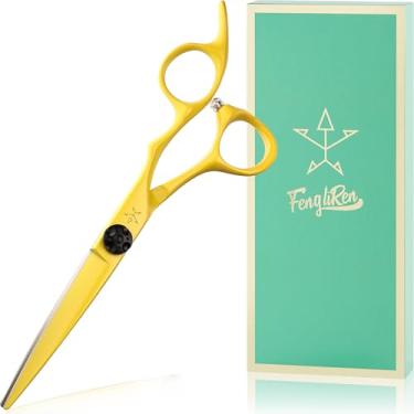 Imagem de Tesoura profissional de alta qualidade para corte de cabelo de barbeiro muito afiada, tesoura de cabeleireiro para cabelo de 15 cm, feita de aço inoxidável para salão de cabeleireiro e casa (amarelo