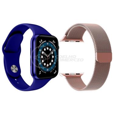 Imagem de Kit 1 Relógio Smartwatch W46 S Azul + 1 Pulseira Aço Rosa