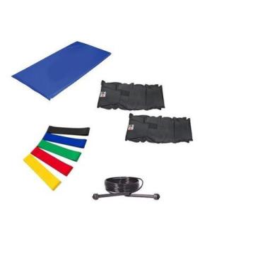 Imagem de Kit Colchonete Azul + Par de Caneleira 4kgs + 5 Mini Band Elástico par