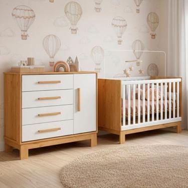 Imagem de Quarto Bebe Infantil Q Encanto Berco Vira Cama e Comoda Sapateira 1 Porta 4 Gavetas Slim Qmovi
