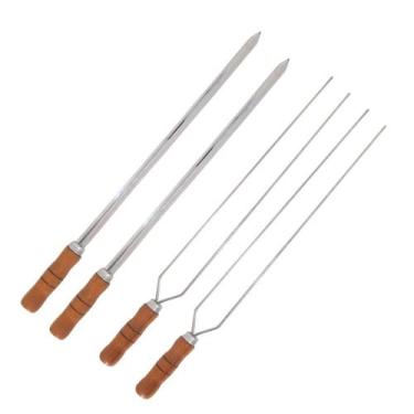 Imagem de Espeto Duplo 80cm De Inox Com Cabo Madeira Churrasco - INOX LAURINDOS