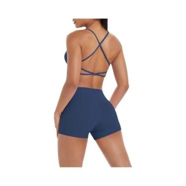 Imagem de Conjunto De Yoga Feminino De Cintura Alta Com Top Halter E Shorts De T