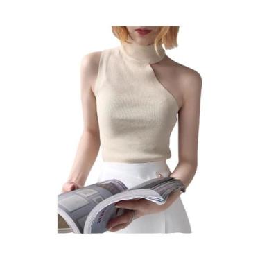 Imagem de Suéter Feminino de Malha com Ombro de Fora - Sem Mangas, Gola Alta, Pr