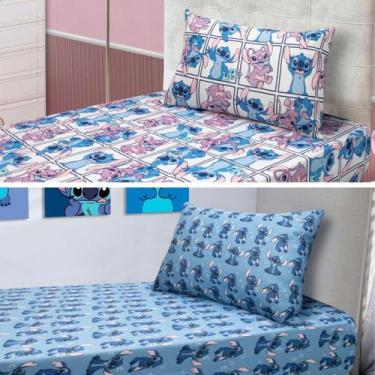 Imagem de Kit 2 Jogos Cama Menina Stitch C/ Elástico Solteiro 4 Peças - Portalla